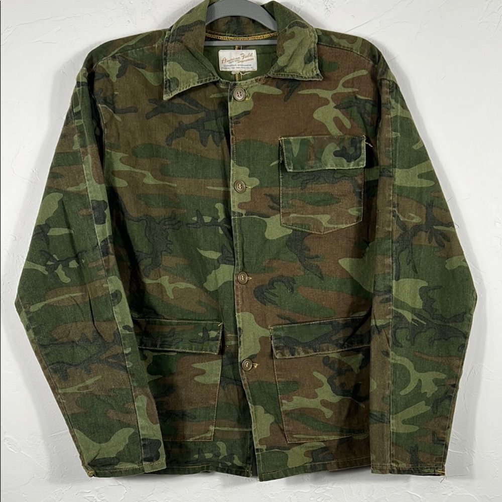 🔥🔥 True Vintage AMERICAN FIELD Woodland Camo‎ Hunting Military Shirt Jacket Sz